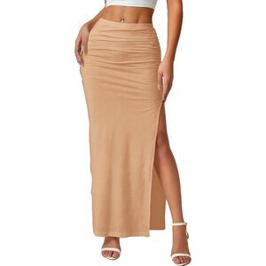 Women's Khaki  Ruched Side Slit Thigh Elegant Bodycon Pencil Chic Maxi Skirt